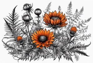 wildflower horizontal with thistles, ferns, burnt orange flowers in color tattoo idea