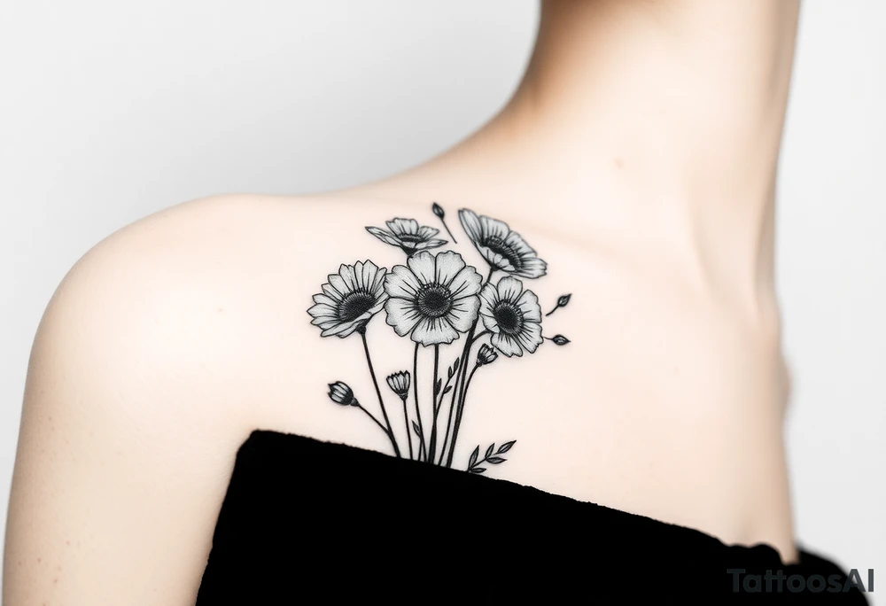 A cluster of wildflowers or poppies, with solid black shadows at the base and lighter stippling toward the petals. Some flowers can be in full bloom while others start to wilt or fall apart, symbolizing the passage of time. tattoo idea