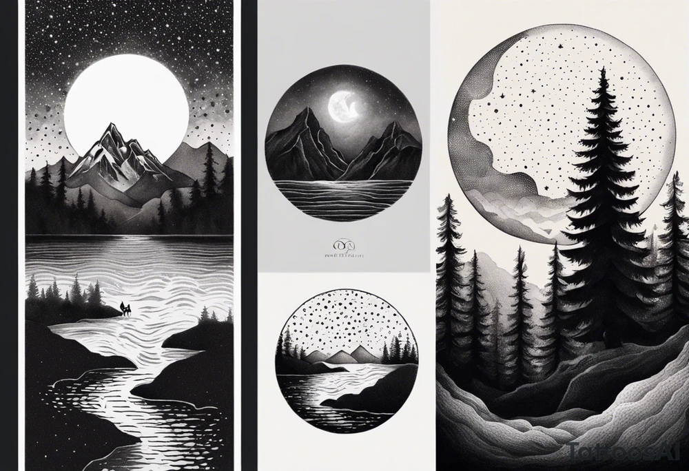 nature with mountains, waterfall, water, and a father and son in the background and and moon/sun in the sky with stars tattoo idea