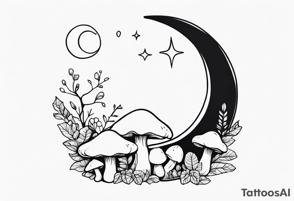 Crescent moon with mushrooms tattoo idea