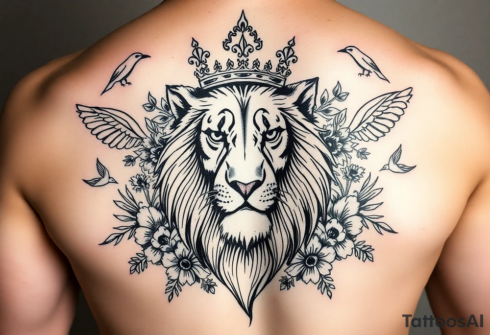 powerful majestic lion with a crown, surrounded by floral ornaments and birds tattoo idea