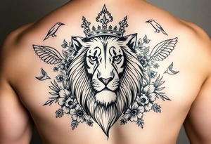 powerful majestic lion with a crown, surrounded by floral ornaments and birds tattoo idea
