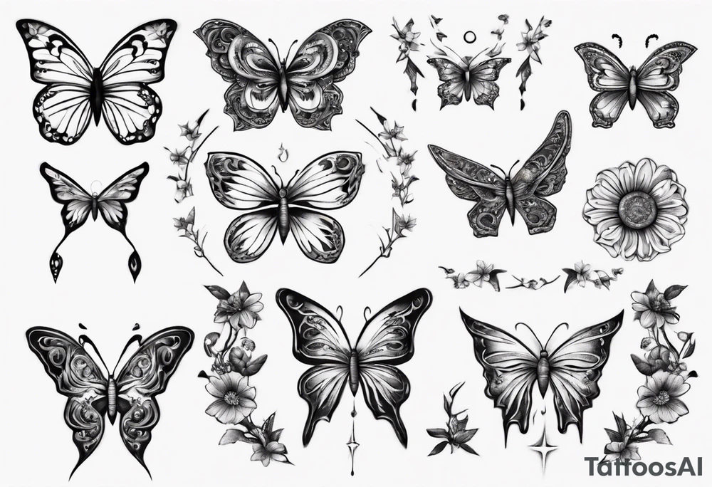 Butterfly wrap tattoos with large centre piece with moon and floral theme. Bracelet around ankle tattoo idea