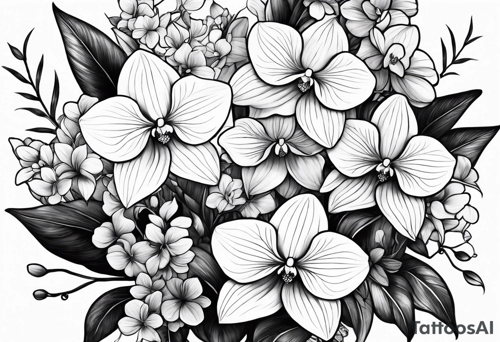 2 inch Flower bouquet with hydrangeas and orchids tattoo idea 2 inch Flower bouquet with hydrangeas and orchids tattoo idea
