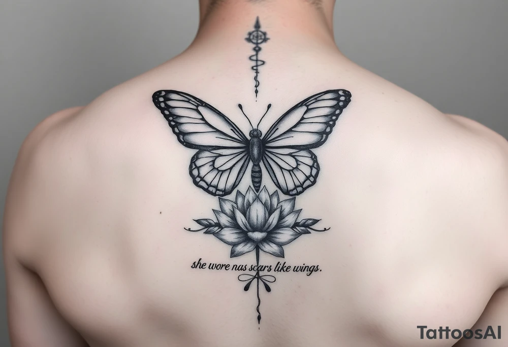 butterfly with cracked wings and lotus flower with quote that says “she wore her scars like wings” all down spine but very elegant tattoo idea
