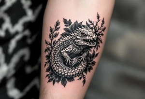 powerful big reptile, surrounded by floral ornaments tattoo idea