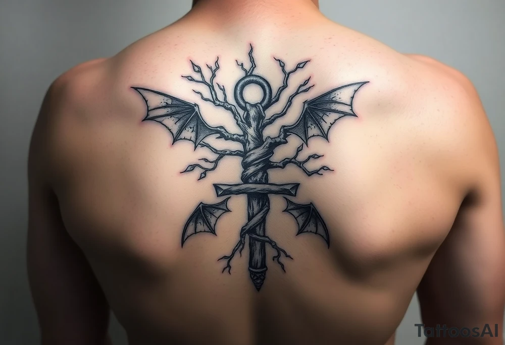 poison tree wrapped around an ankh with bats surrounding the tree forearm tattoo tattoo idea