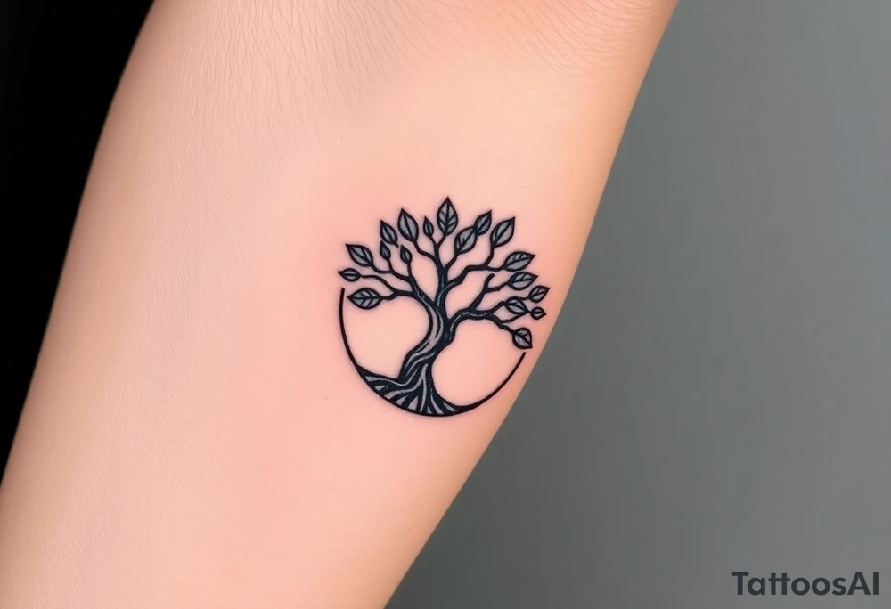 Tree with few leaves encircled in a spiral circle starting from the center of the tree tattoo idea