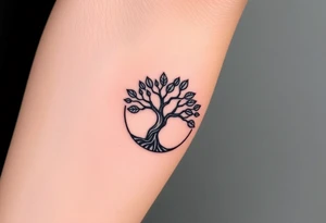 Tree with few leaves encircled in a spiral circle starting from the center of the tree tattoo idea