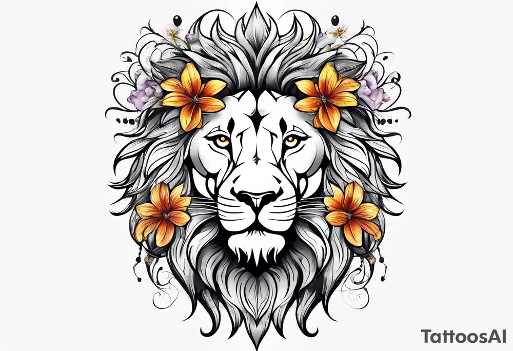 lion covered in lilies butterflies crown mane made of feathers tattoo idea