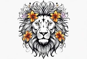 lion covered in lilies butterflies crown mane made of feathers tattoo idea