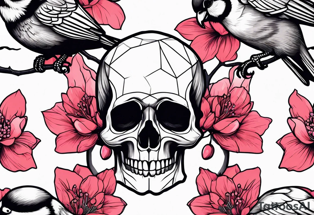 Skulls in cherry blossoms with 3 chickadees full sleeve tattoo idea