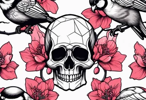 Skulls in cherry blossoms with 3 chickadees full sleeve tattoo idea