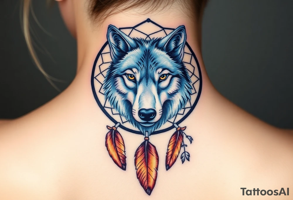 A dreamcatcher with a wolf’s face inside, with intricate feather patterns. The wolf’s fur is painted in cool tones of blue and silver, and the feathers are shaded in soft brown and gold tattoo idea