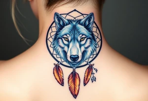 A dreamcatcher with a wolf’s face inside, with intricate feather patterns. The wolf’s fur is painted in cool tones of blue and silver, and the feathers are shaded in soft brown and gold tattoo idea