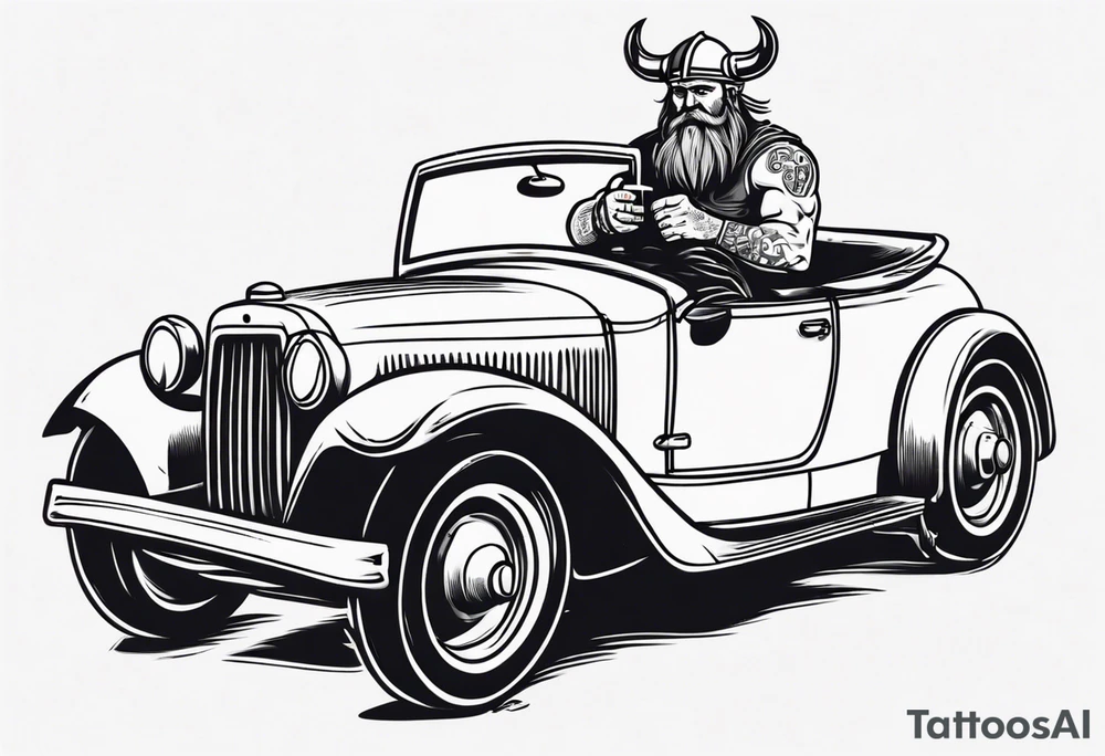 A Viking driving an old vintage car holding a beer tattoo idea