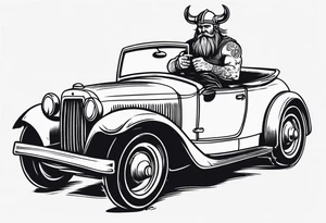 A Viking driving an old vintage car holding a beer tattoo idea