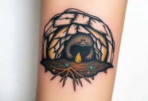 A mole depicted in underground tunnel in a cross-section with dark brown soil, golden roots, and hidden gems sparkling in the earth tattoo idea