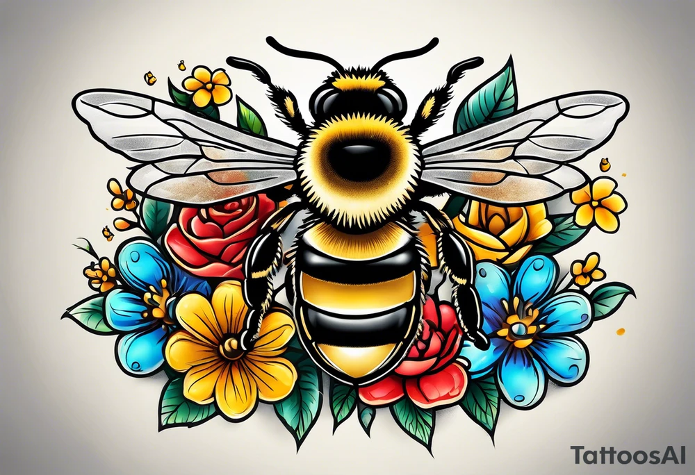 a tattoo with beehive flowers bees and queen bee signifying a mothers love guidance and bond with her daughters and granddaughter tattoo idea