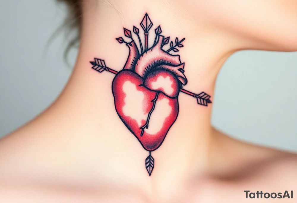 anatomical heart pierced by ornate arrow with flowing ribbons tattoo idea