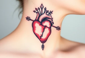 anatomical heart pierced by ornate arrow with flowing ribbons tattoo idea