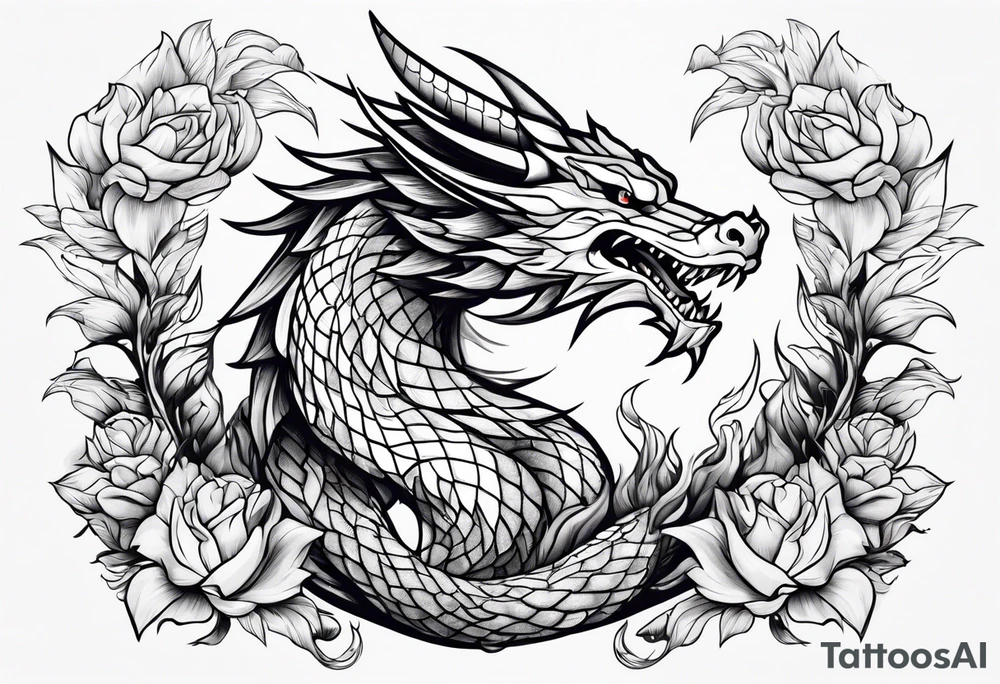 Dragón con peonías blanco y negro tattoo idea