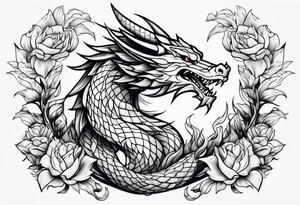 Dragón con peonías blanco y negro tattoo idea