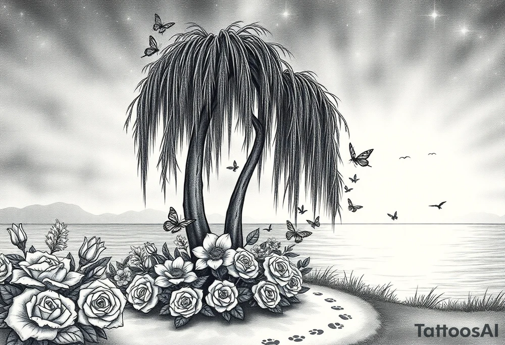 Sunset galaxy. Dark Ocean.  weeping willow garden with roses and lilies flower beds, fairies, mermiads, dragons butterflies,  cat paw prints path in dirt. tattoo idea