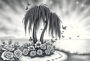 Sunset galaxy. Dark Ocean.  weeping willow garden with roses and lilies flower beds, fairies, mermiads, dragons butterflies,  cat paw prints path in dirt. tattoo idea