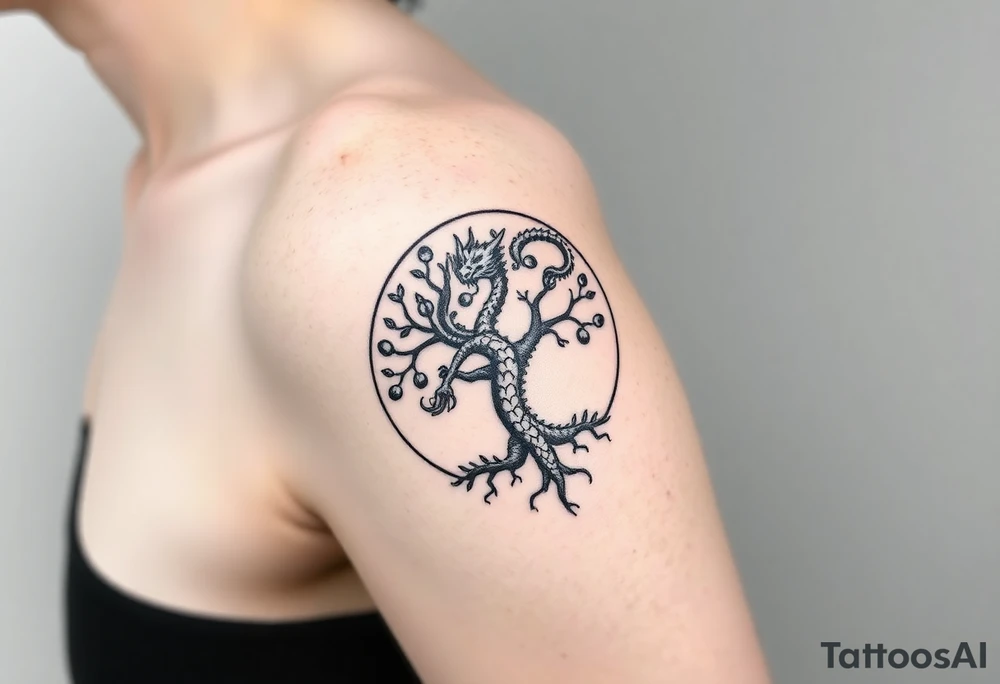 a dragon forming a circle with its body.  the dragon encircles the tree of life.   the tree of life has fruit  and the dragon is eating the fruit. the roots of the tree are strangling the tail of the dragon tattoo idea