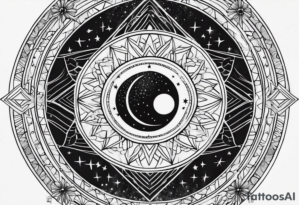Fine line Moon phases with lines and stars vertical tattoo idea