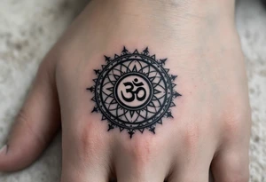 Dharmachakra 8 spoke wheel with an ohm symbol in the middle tattoo idea