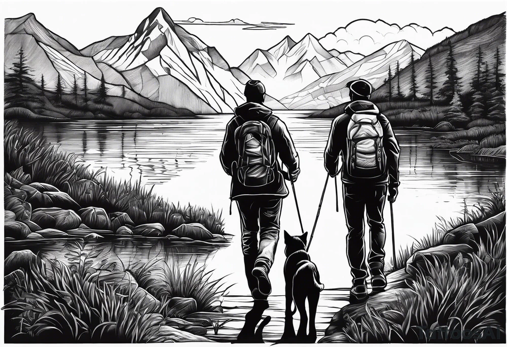 nature, sunset, mountains, a father and son hiking with their dog and cat by the water tattoo idea