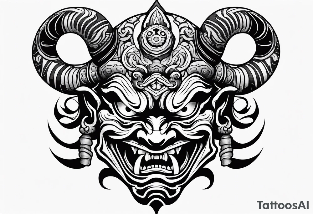 oni mask, dark, japanese,forearm, small tattoo idea
