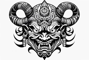 oni mask, dark, japanese,forearm, small tattoo idea