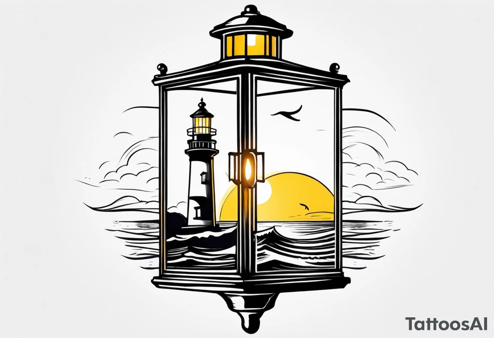 Farol no oceano em mar agitado bem delicado com a luz amarela, e navio ao fundo tattoo idea