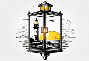 Farol no oceano em mar agitado bem delicado com a luz amarela, e navio ao fundo tattoo idea