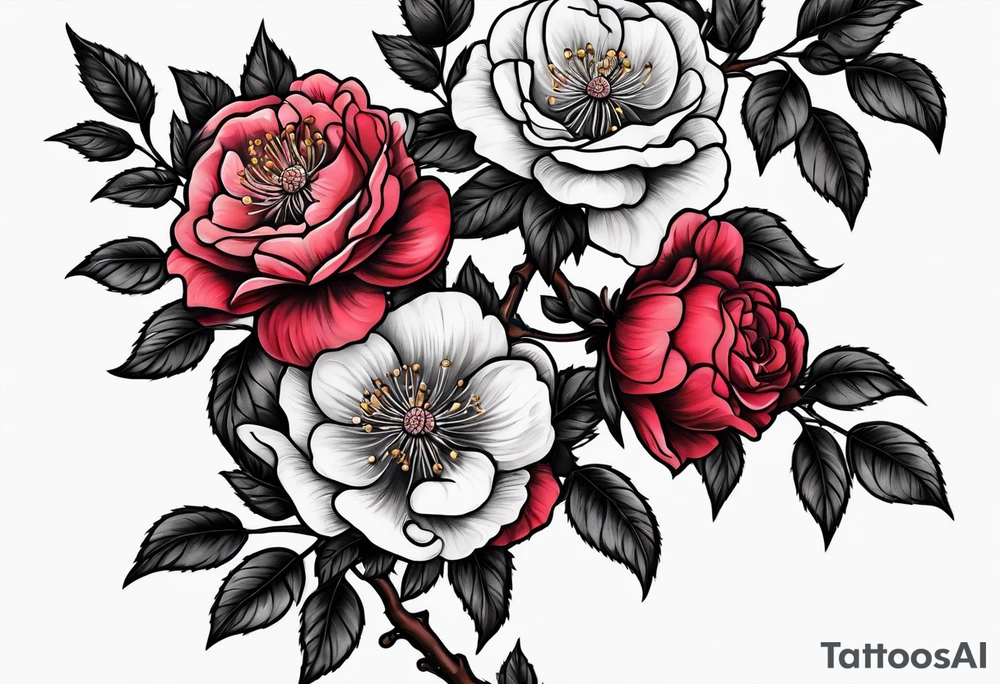 Cherry tree with colored roses tattoo idea