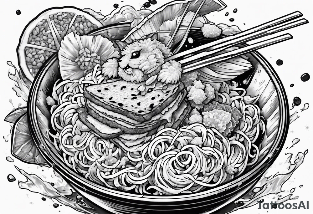 Gundam eating a bowl of ramen and some tacos tattoo idea