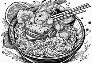 Gundam eating a bowl of ramen and some tacos tattoo idea