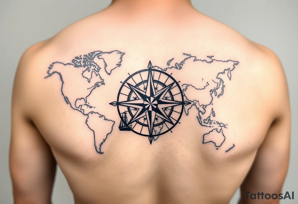 antique compass rose overlaid on weathered world map with sailing ships tattoo idea