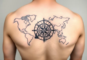 antique compass rose overlaid on weathered world map with sailing ships tattoo idea