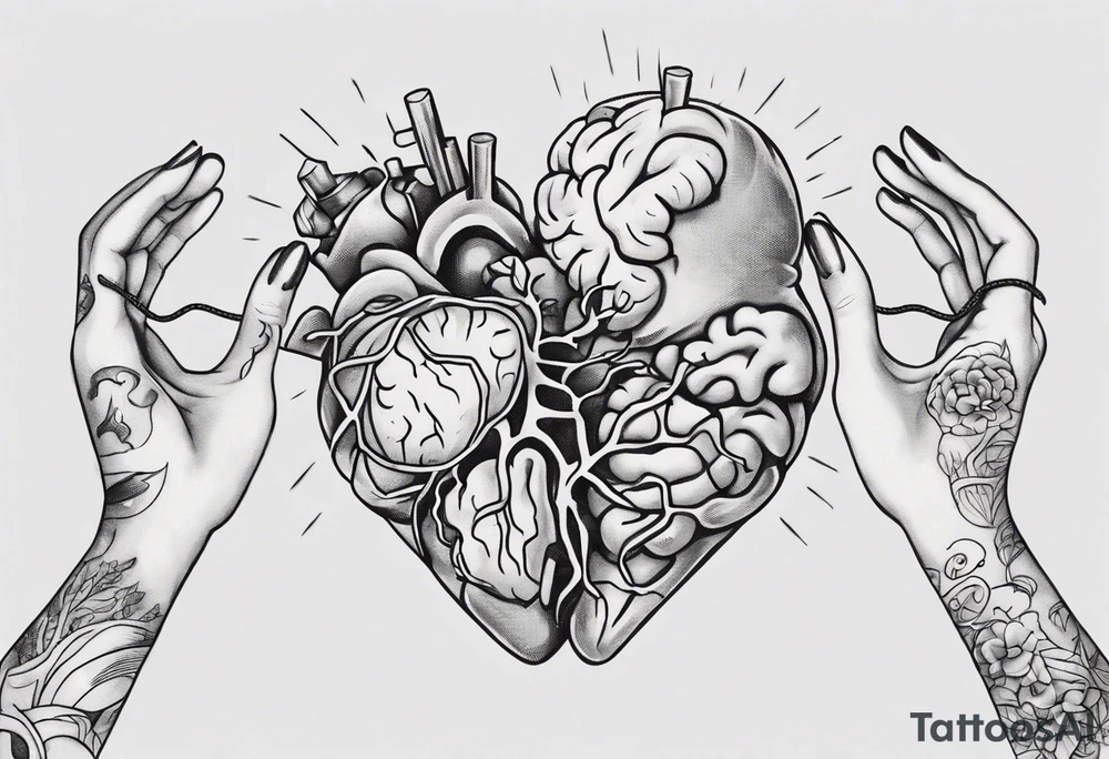 Heart and brain in line art, held down by a woman's hand holding them by string tattoo idea