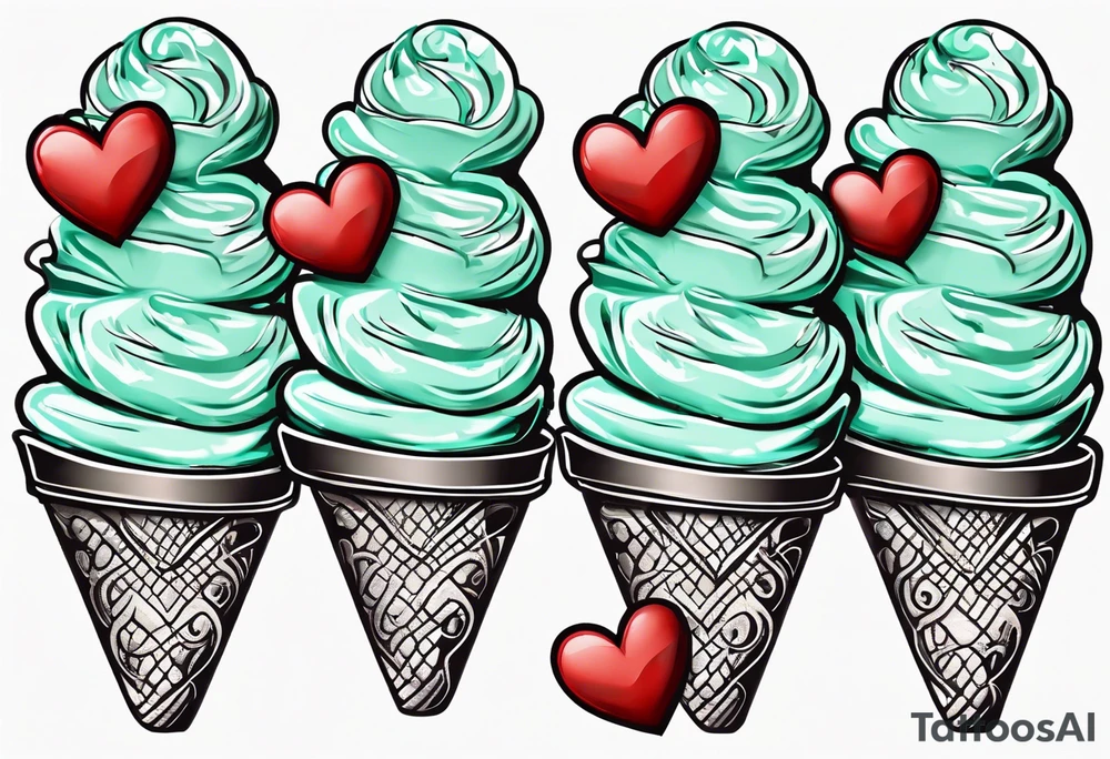 mint chocolate chip ice cream cone with small red heart on it somewhere. tattoo idea