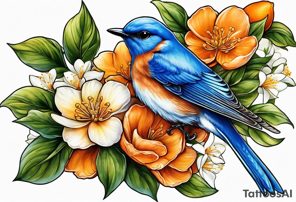 bluebird
 leaving on an orange blossom branch with its wings up tattoo idea
