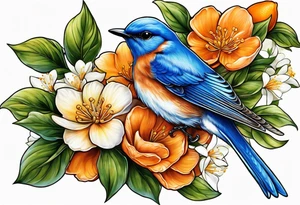 bluebird
 leaving on an orange blossom branch with its wings up tattoo idea
