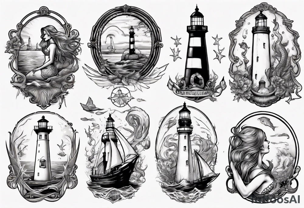 Mermaid looking at lighthouse tattoo idea