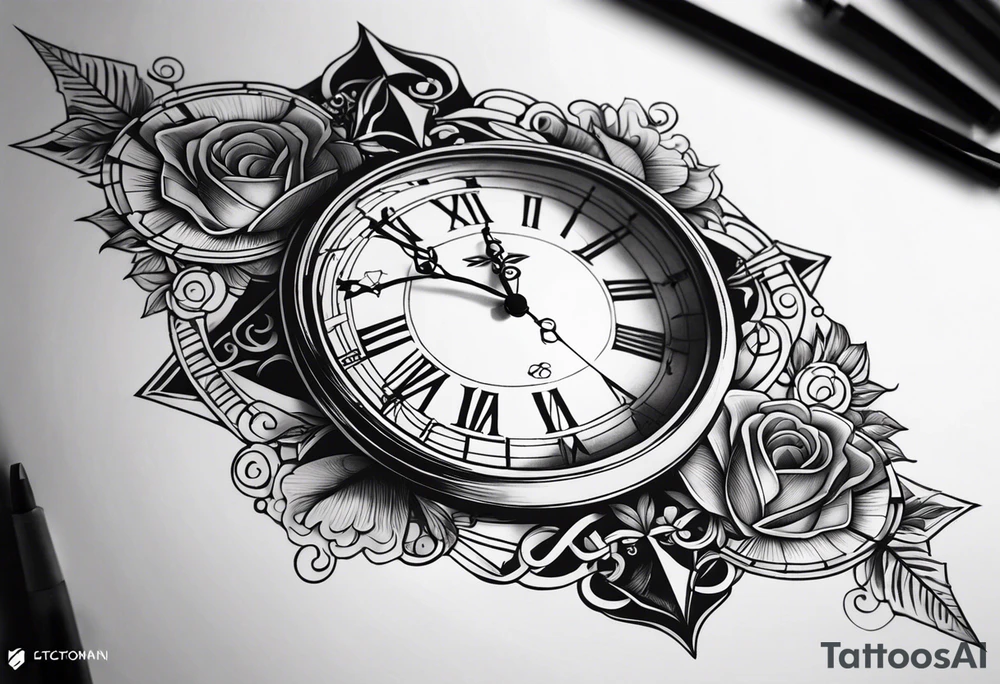 Dessine-moi un tatouage représentant une horloge dans un sablier. C'est un tatouage masculin qui se porte sur l'épaule  en arrière-plan, on y trouve des ombres de chiffre. Romain. tattoo idea