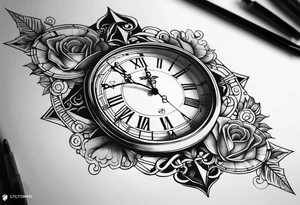 Dessine-moi un tatouage représentant une horloge dans un sablier. C'est un tatouage masculin qui se porte sur l'épaule  en arrière-plan, on y trouve des ombres de chiffre. Romain. tattoo idea