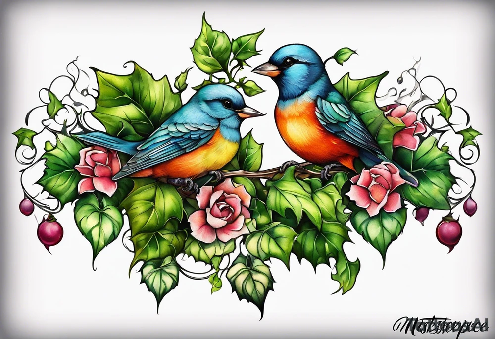 ivy sleeve with birds and barbs tattoo idea